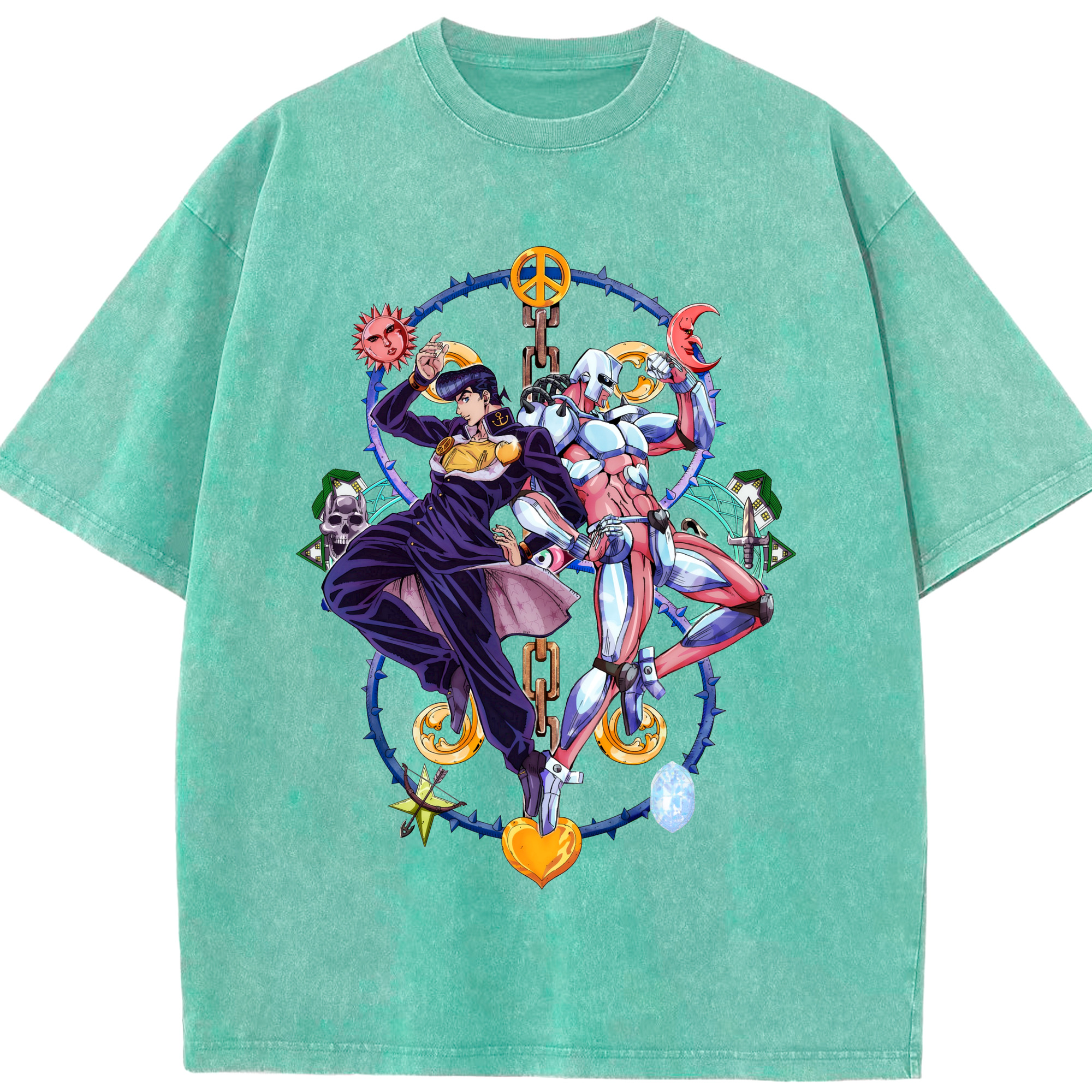 （画像用） ジョジョの奇妙な冒険 ひがしかた じょうすけ JoJo's Bizarre Adventure Higashikata Josuke 綿100% ヴィンテージ風 半袖Tシャツ（フロントプリント）